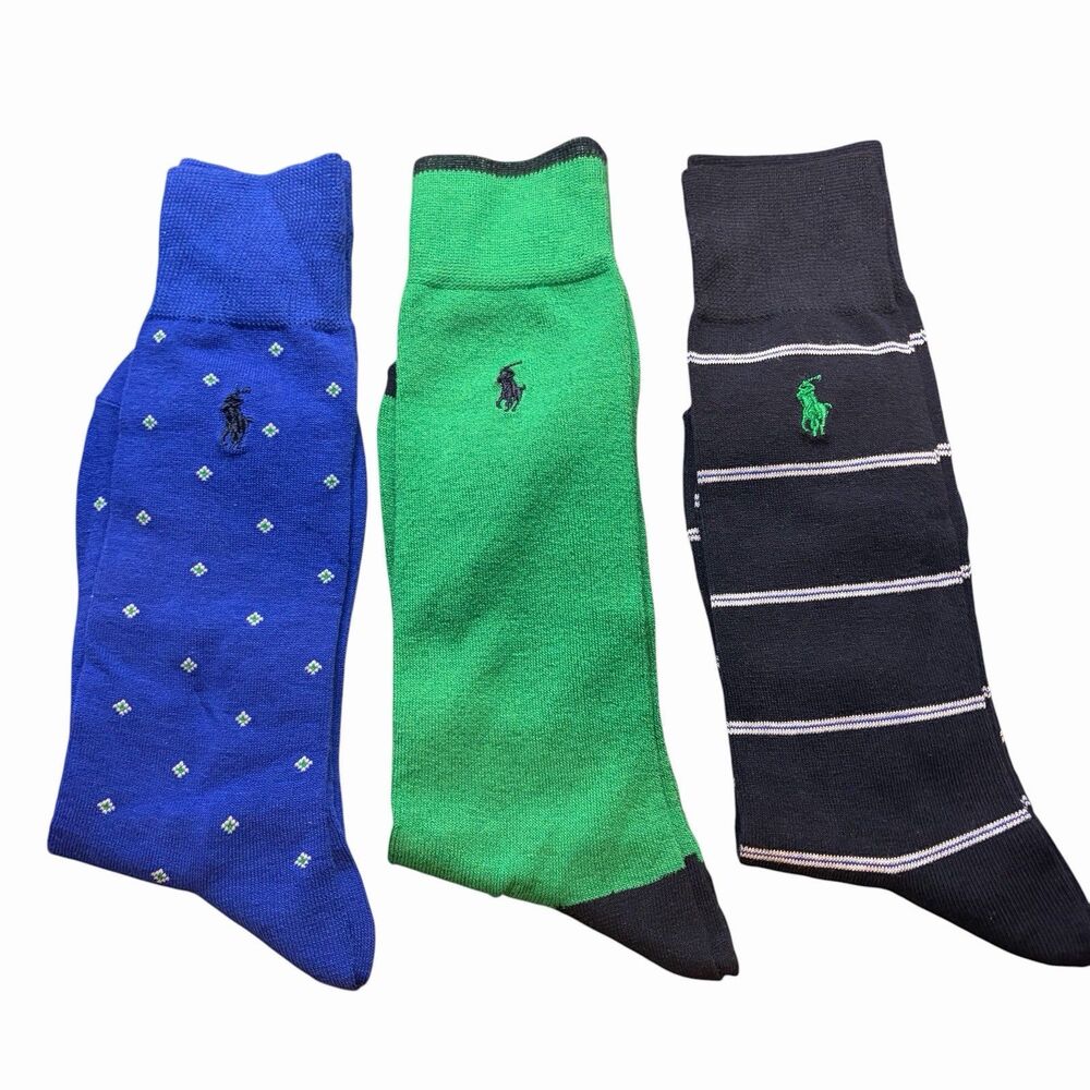 Polo Ralph Lauren Mens Dress Socks Blue/Green/Navy 10-13 Shoe sz 6-12.5 3 Pack